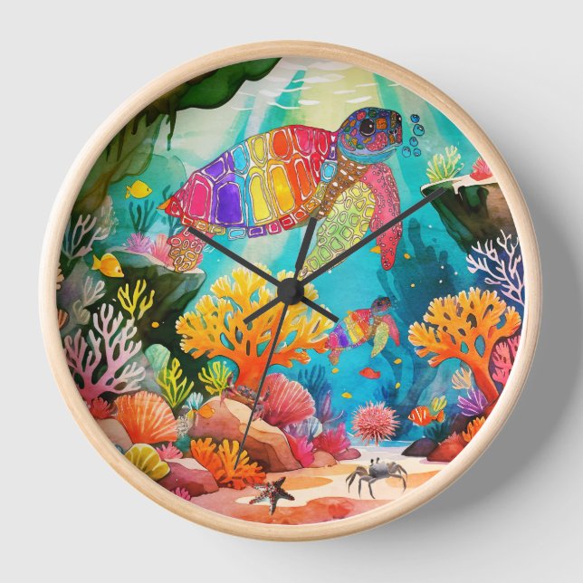 Colourful Watercolor Sea Turtle Clock (Front)