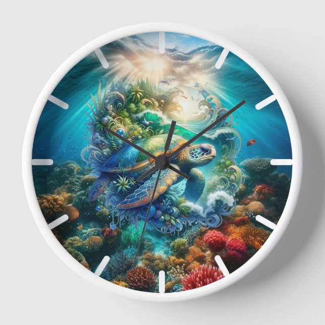 Colourful Watercolor Sea Turtle Clock (Front)