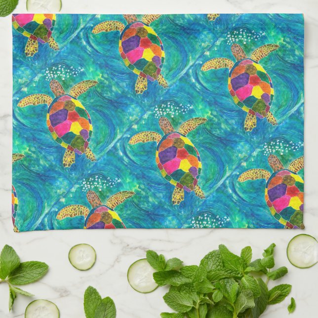 Colourful Watercolor Sea Turtle Kitchen Towel (Folded)