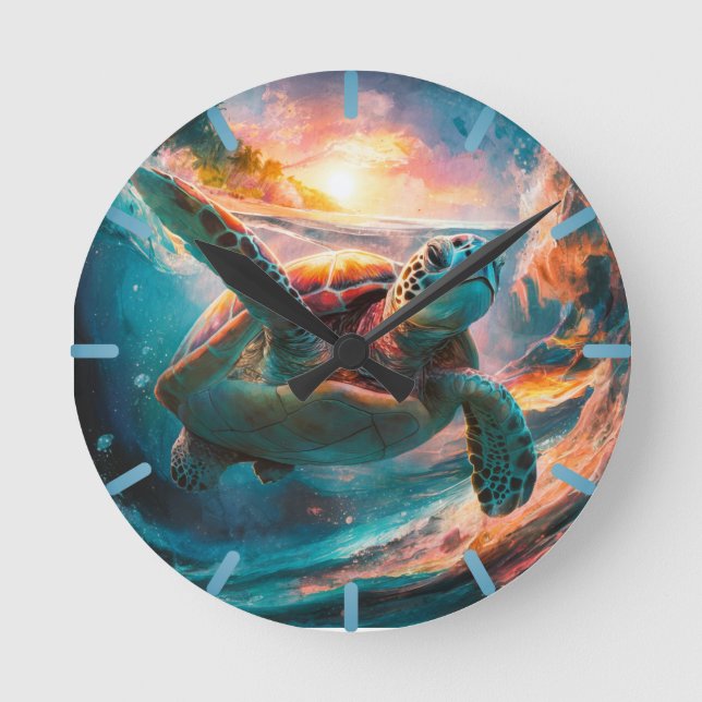 Colourful Watercolor Sea Turtle Round Clock (Front)