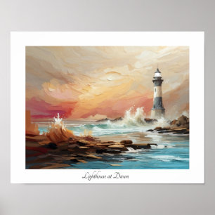 Colourful Watercolor Seaside Lighthouse at Dawn Poster