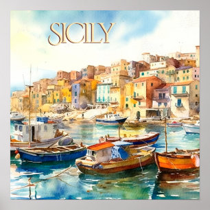 Colourful Watercolor Sicily Harbour Travel Poster