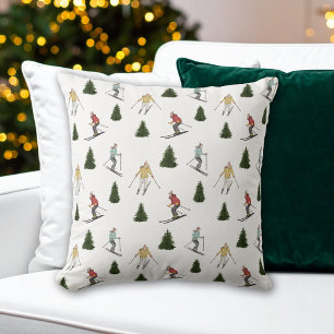 Colourful Watercolor Skiers Festive Holiday Patter Cushion