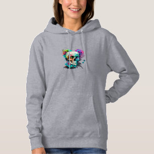 Colourful Watercolor Skull Heart and Flowers Hoodie