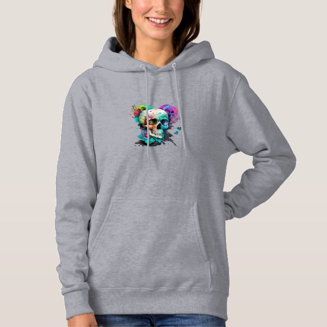 Colourful Watercolor Skull Heart and Flowers Hoodie (Front)