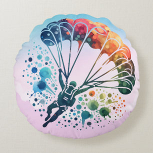 Colourful Watercolor Skydiver Round Cushion