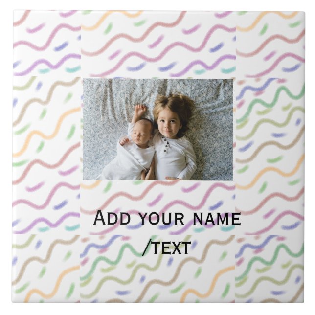 Colourful watercolor spiral pattern add photo name ceramic tile (Front)