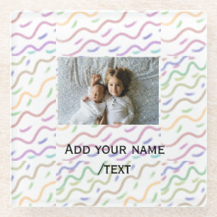 Colourful watercolor spiral pattern add photo name glass coaster
