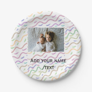 Colourful watercolor spiral pattern add photo name paper plate