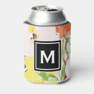 Colourful Watercolor Spring Blooms Floral Monogram Can Cooler