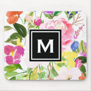 Colourful Watercolor Spring Blooms Floral Monogram Mouse Pad