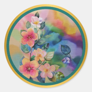 Colourful Watercolor Spring Branch with Flowers  Classic Round Sticker