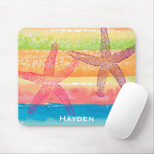 Colourful Watercolor Stripes Starfish Personalised Mouse Pad