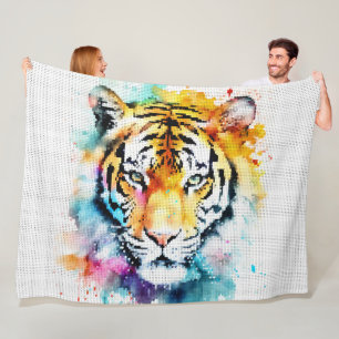 Colourful Watercolor Tiger Head in Geometric Style Fleece Blanket