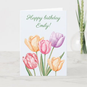 Colourful Watercolor Tulip Flowers Happy Birthday Card