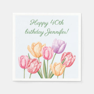 Colourful Watercolor Tulip Flowers Happy Birthday Napkin