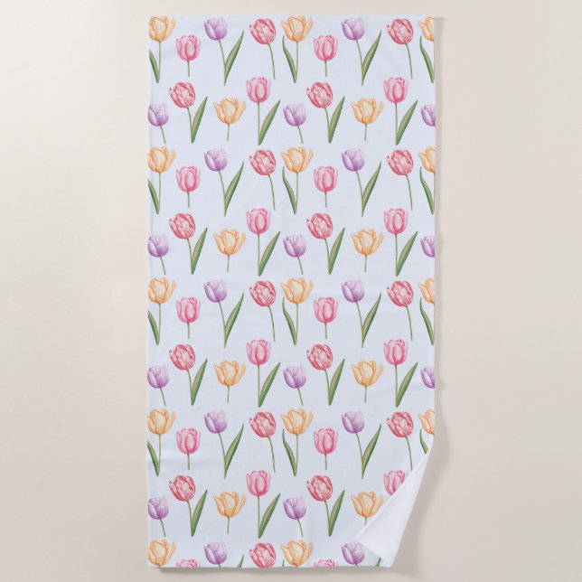 Colourful Watercolor Tulips Flower Pattern Beach Towel (Front)