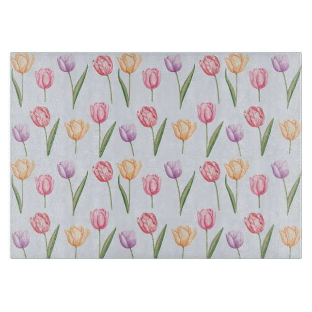 Colourful Watercolor Tulips Flower Pattern Cutting Board (Front)
