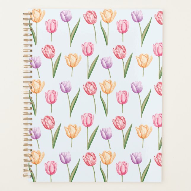 Colourful Watercolor Tulips Flower Pattern Planner (Front)