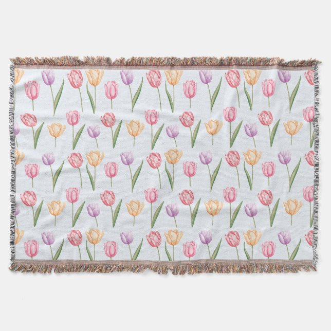 Colourful Watercolor Tulips Flower Pattern Throw Blanket (Front)