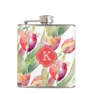 Colourful Watercolor Tulips with Monogram Hip Flask