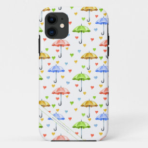 Colourful Watercolor Umbrellas and Falling Hearts iPhone 11 Case