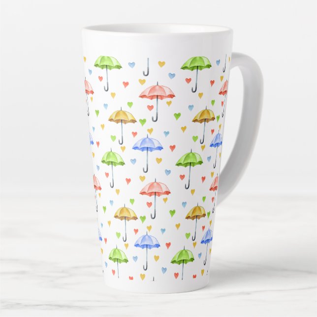 Colourful Watercolor Umbrellas and Falling Hearts Latte Mug (Right Angle)