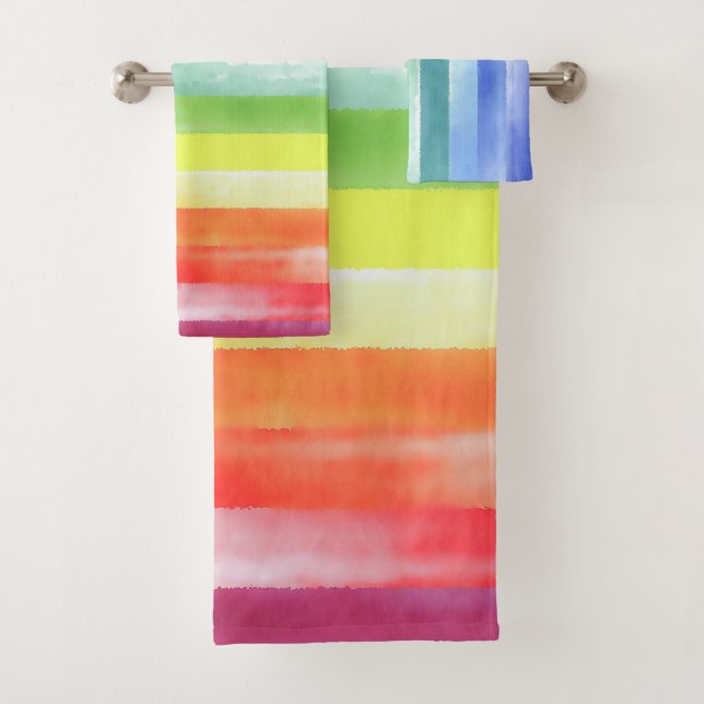 Colourful Watercolor Vertical Rainbow Pattern | Bath Towel Set (Insitu)