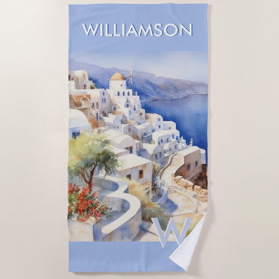 Colourful Watercolor Water Custom Monogram Name Beach Towel