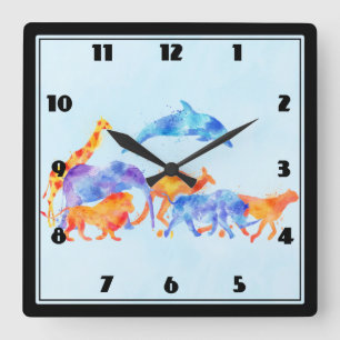 Colourful Watercolor Wild Animal Herd Running Free Square Wall Clock