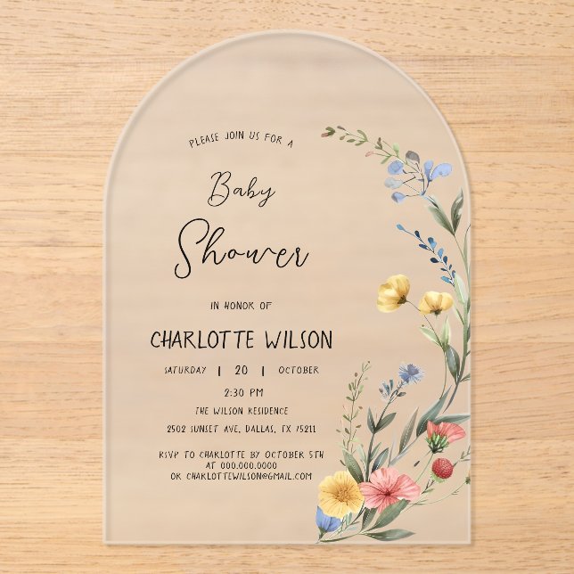 Colourful Watercolor Wildflower Baby Shower Acrylic Invitations (Front)
