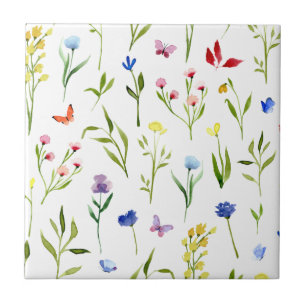 Colourful Watercolor Wildflower Ceramic Tile