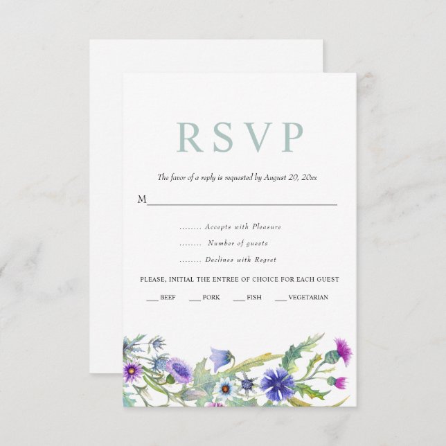 Colourful watercolor wildflower spring wedding RSVP card (Front/Back)