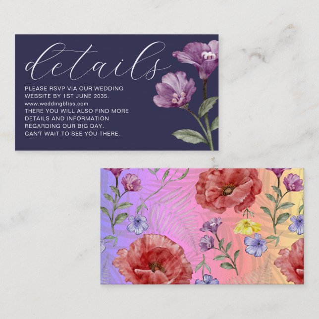  Colourful Watercolor Wildflower Wedding Details Enclosure Card (Front/Back)