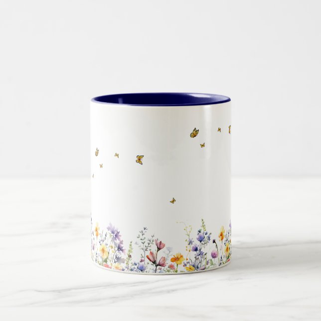Colourful Watercolor Wildflower with Butterfly Two-Tone Coffee Mug (Center)