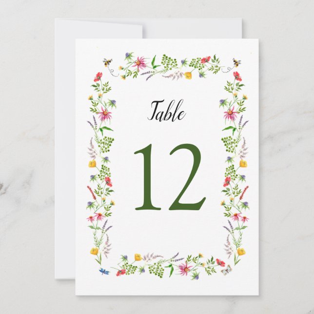 Colourful watercolor Wildflowers 5X7 Table Numbers (Front)