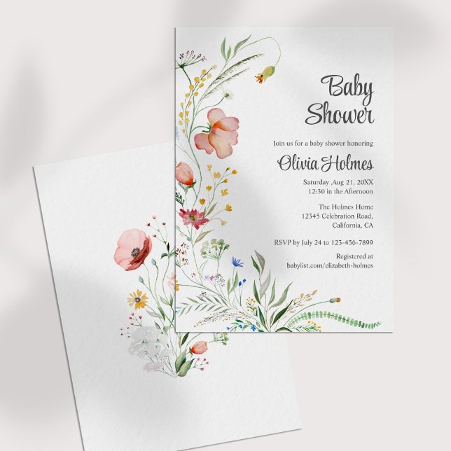 Colourful Watercolor Wildflowers Baby Shower Invitation (Colorful Watercolor Wildflowers Baby Shower Invitation on a white table.)