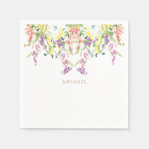 Colourful Watercolor Wildflowers Custom Gold Name Napkin
