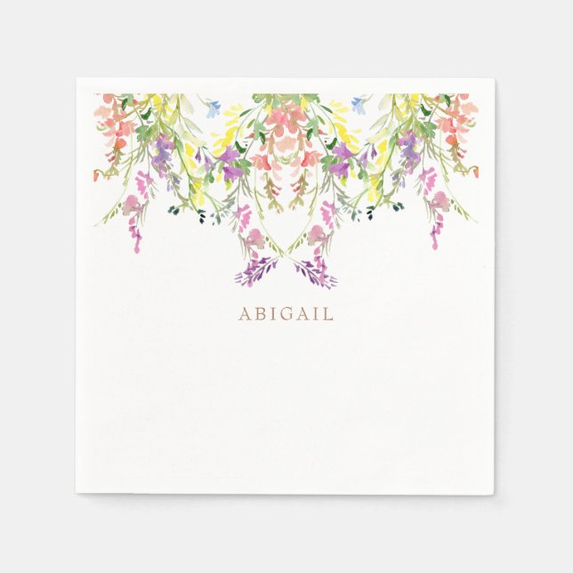 Colourful Watercolor Wildflowers Custom Gold Name Napkin (Front)