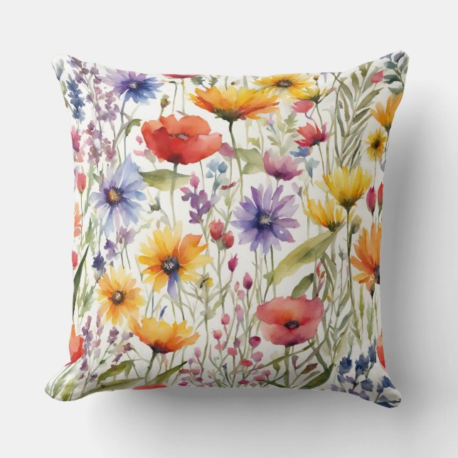 Colourful Watercolor Wildflowers Floral Design Cushion (Front)