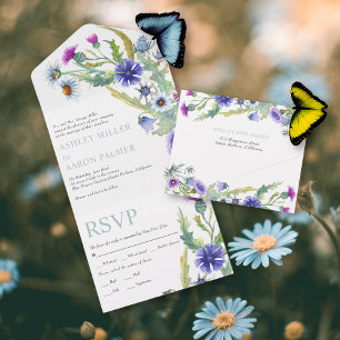 Colourful watercolor wildflowers floral wedding all in one invitation