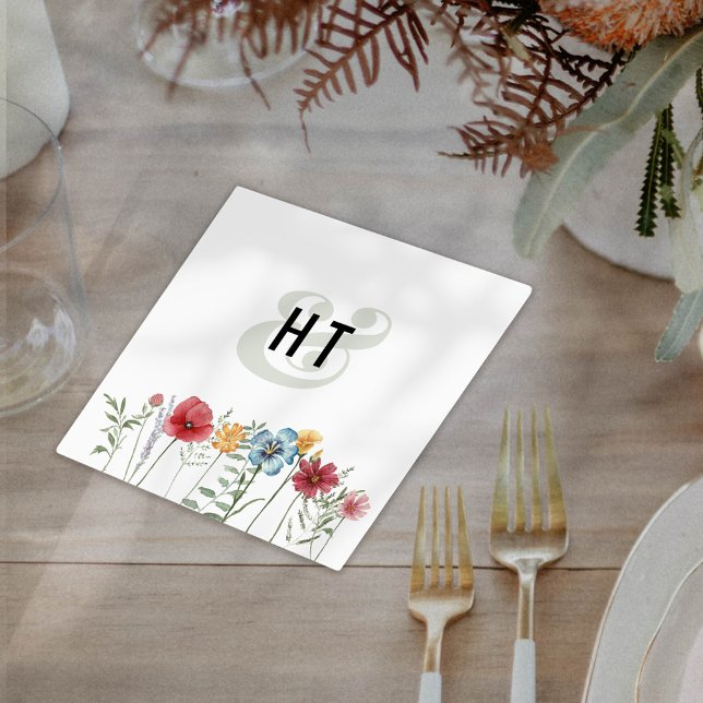 Colourful Watercolor Wildflowers Modern Monogram Napkin (Creator Uploaded)