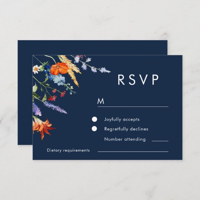 Colourful Watercolor Wildflowers Navy Wedding RSVP Card (Front/Back)