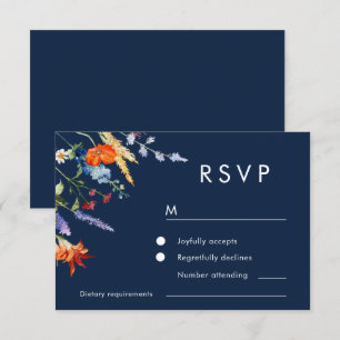 Colourful Watercolor Wildflowers Navy Wedding RSVP Card