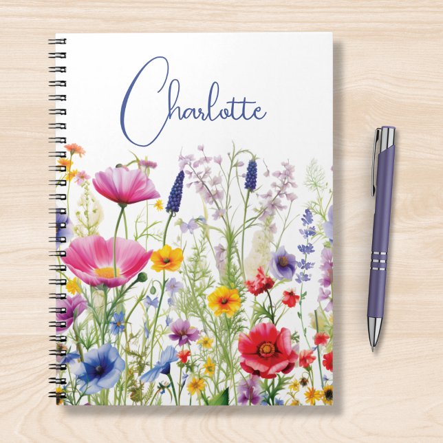 Colourful Watercolor Wildflowers Personalised Name Notebook (Creator Uploaded)