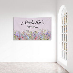 Colourful Watercolor Wildflowers Purple Birthday Banner