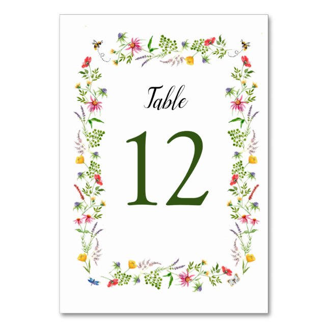 Colourful watercolor Wildflowers Table Numbers (Front)