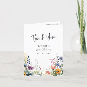 Colourful Watercolor Wildflowers Wedding Photo Thank You Card