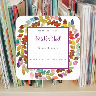 Colourful Watercolor wreath bookplate Square Sticker