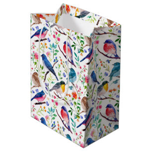 Colourful watercolors birds and flowers pattern medium gift bag